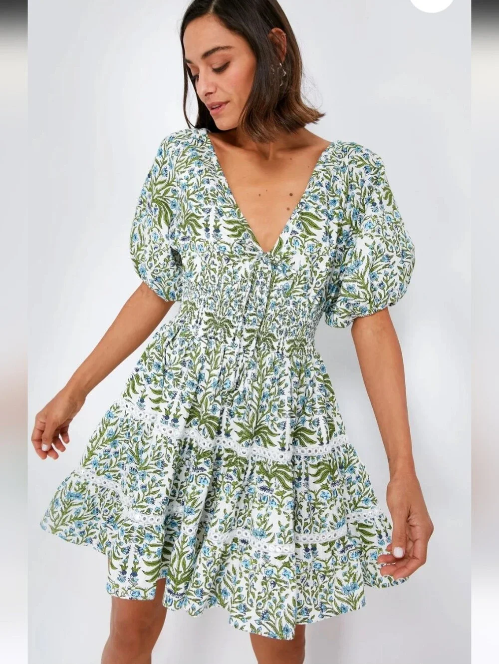 SAYLOR White Floral Puff-Sleeve Mini Dress with Green Print - Picture 2 of 16